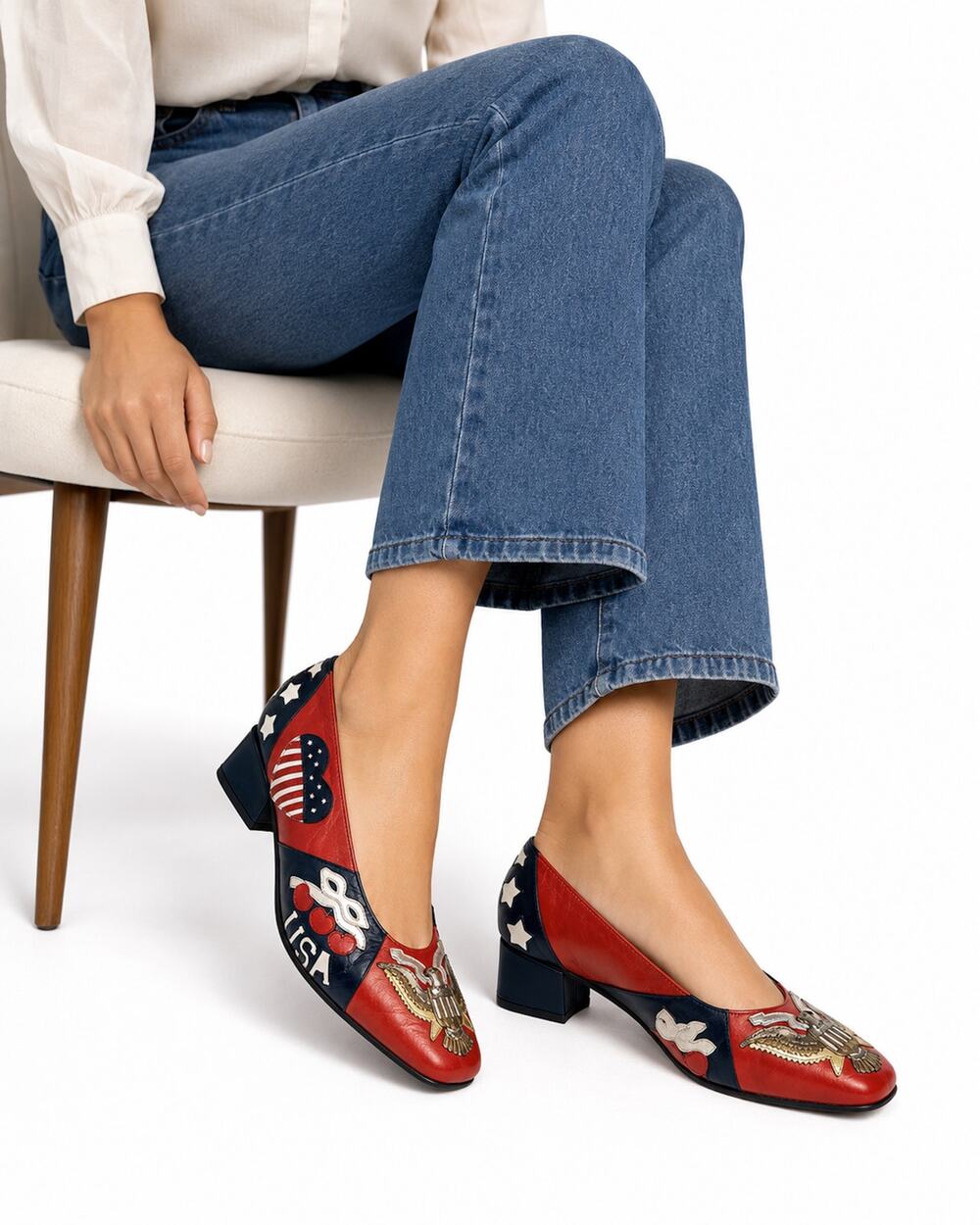 Vintage Margaret Jerrold Patriotic Leather Pumps 7.5M Eagle Flag Americana Shoes